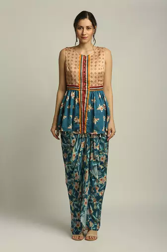 Peach Teal Blue orchid Bloom Printed Pant Set With Cape