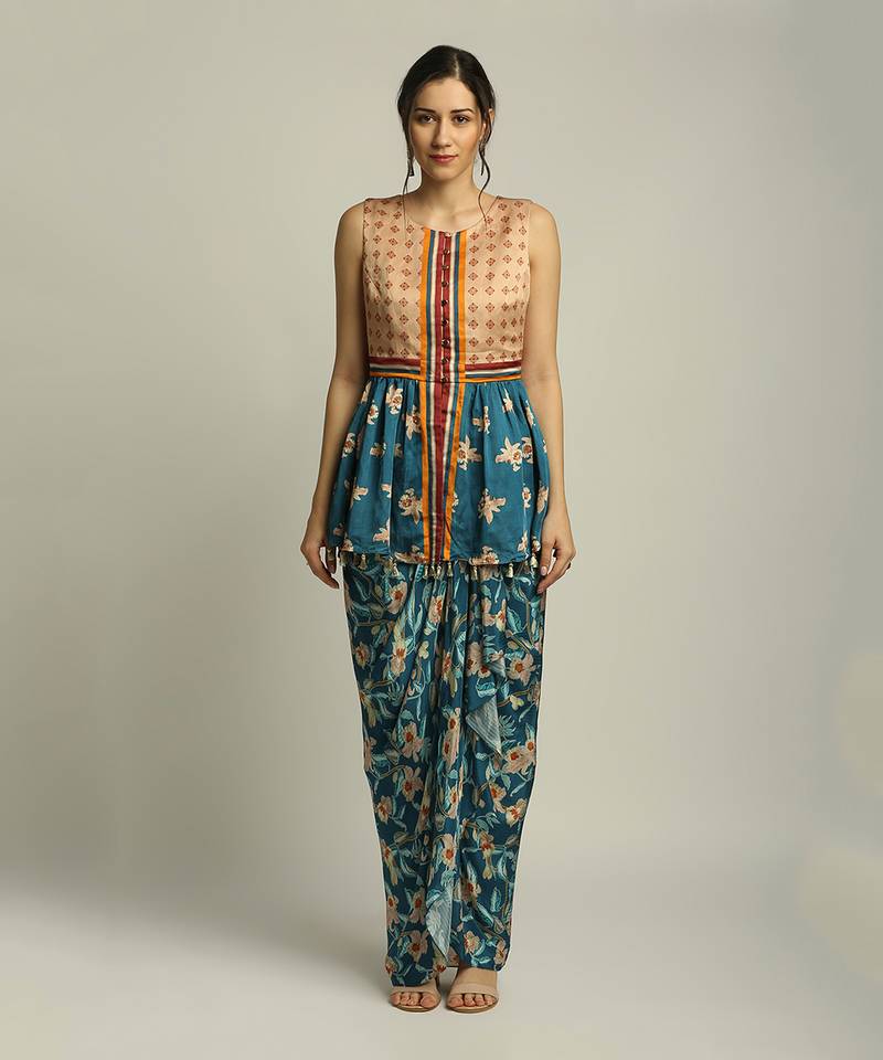 Peach Teal Blue orchid Bloom Printed Pant Set With Cape