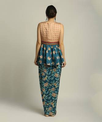 Peach Teal Blue orchid Bloom Printed Pant Set With Cape 4