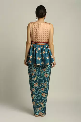 Peach Teal Blue orchid Bloom Printed Pant Set With Cape