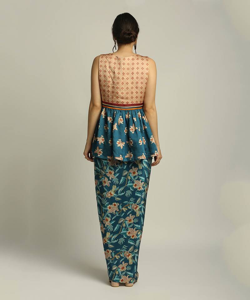 Peach Teal Blue orchid Bloom Printed Pant Set With Cape