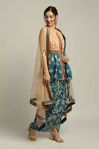 Peach Teal Blue orchid Bloom Printed Pant Set With Cape