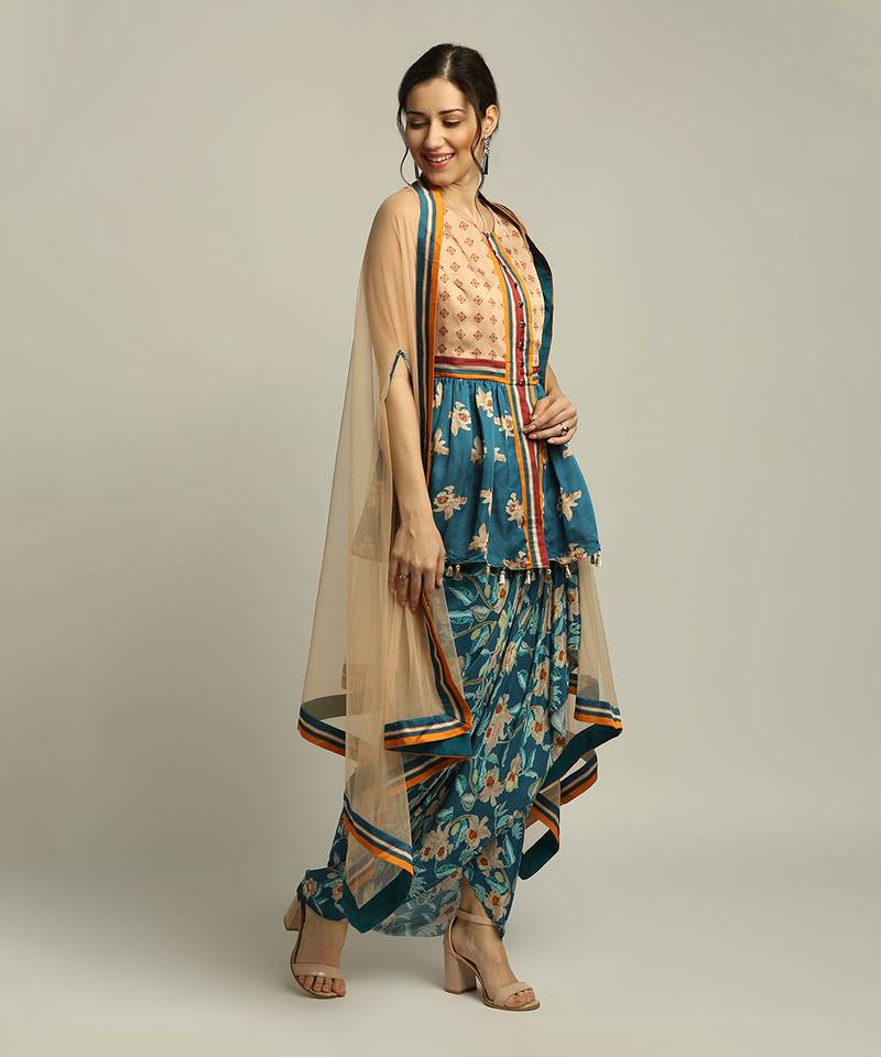 Peach Teal Blue orchid Bloom Printed Pant Set With Cape