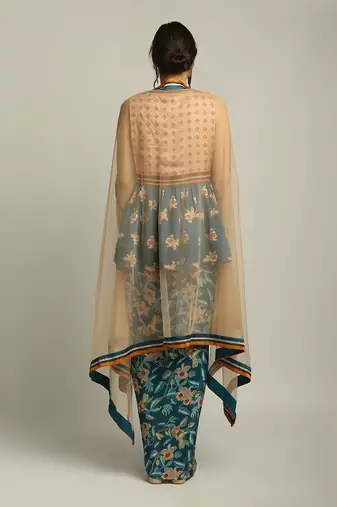 Peach Teal Blue orchid Bloom Printed Pant Set With Cape