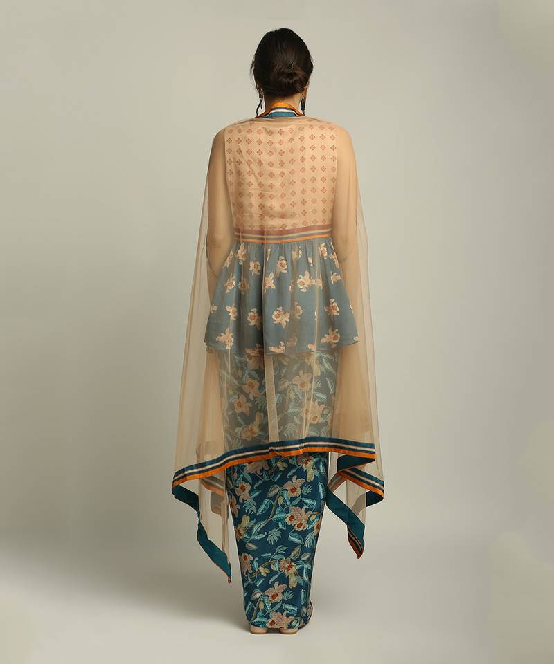 Peach Teal Blue orchid Bloom Printed Pant Set With Cape