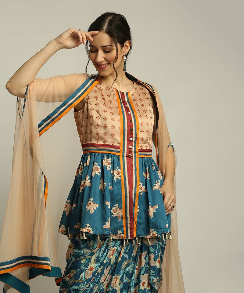 Peach Teal Blue orchid Bloom Printed Pant Set With Cape