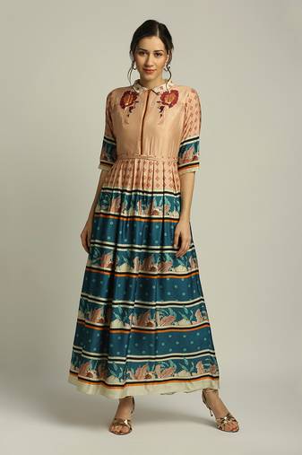 Teal blue Orchid Bloom printed long dress