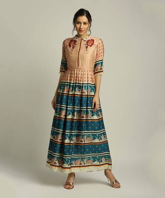 Teal blue Orchid Bloom printed long dress 1