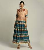 Teal blue Orchid Bloom printed long dress