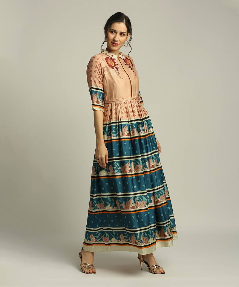 Teal blue Orchid Bloom printed long dress