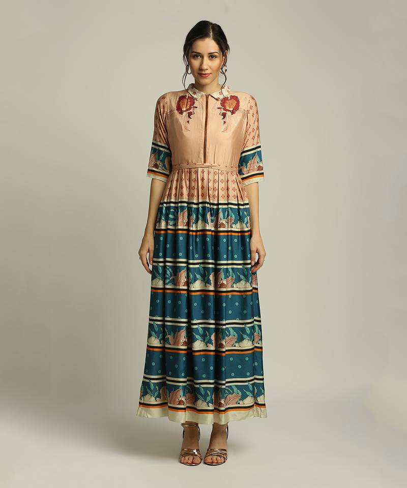 Teal blue Orchid Bloom printed long dress