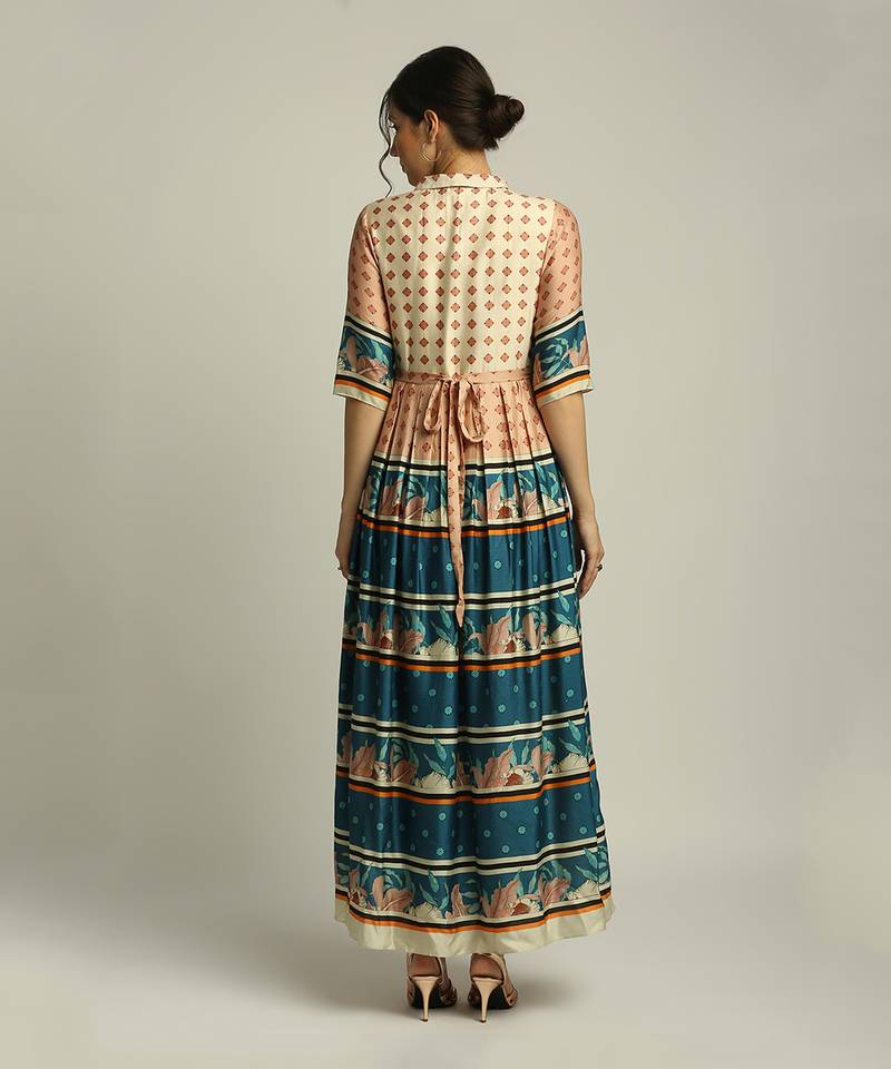 Teal blue Orchid Bloom printed long dress