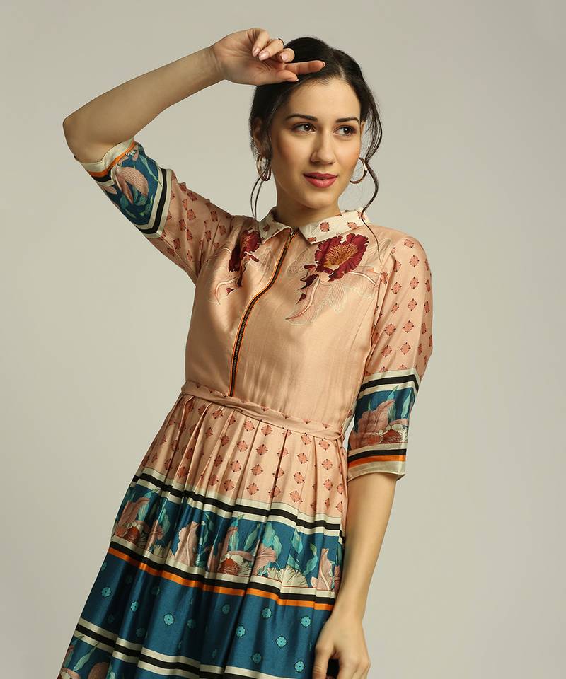 Teal blue Orchid Bloom printed long dress