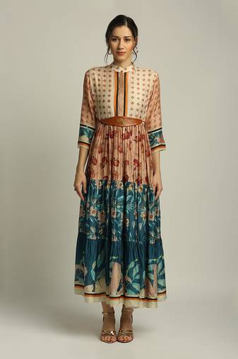 Teal blue Peach Orchid bloom long tiered dress with belt