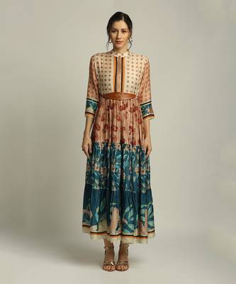 Teal blue Peach Orchid bloom long tiered dress with belt 1