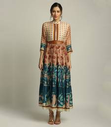 Teal blue Peach Orchid bloom long tiered dress with belt
