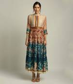 Teal blue Peach Orchid bloom long tiered dress with belt