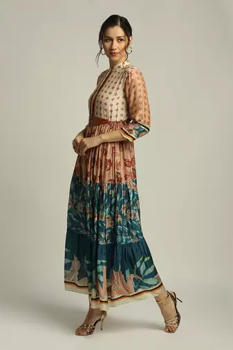 Teal blue Peach Orchid bloom long tiered dress with belt