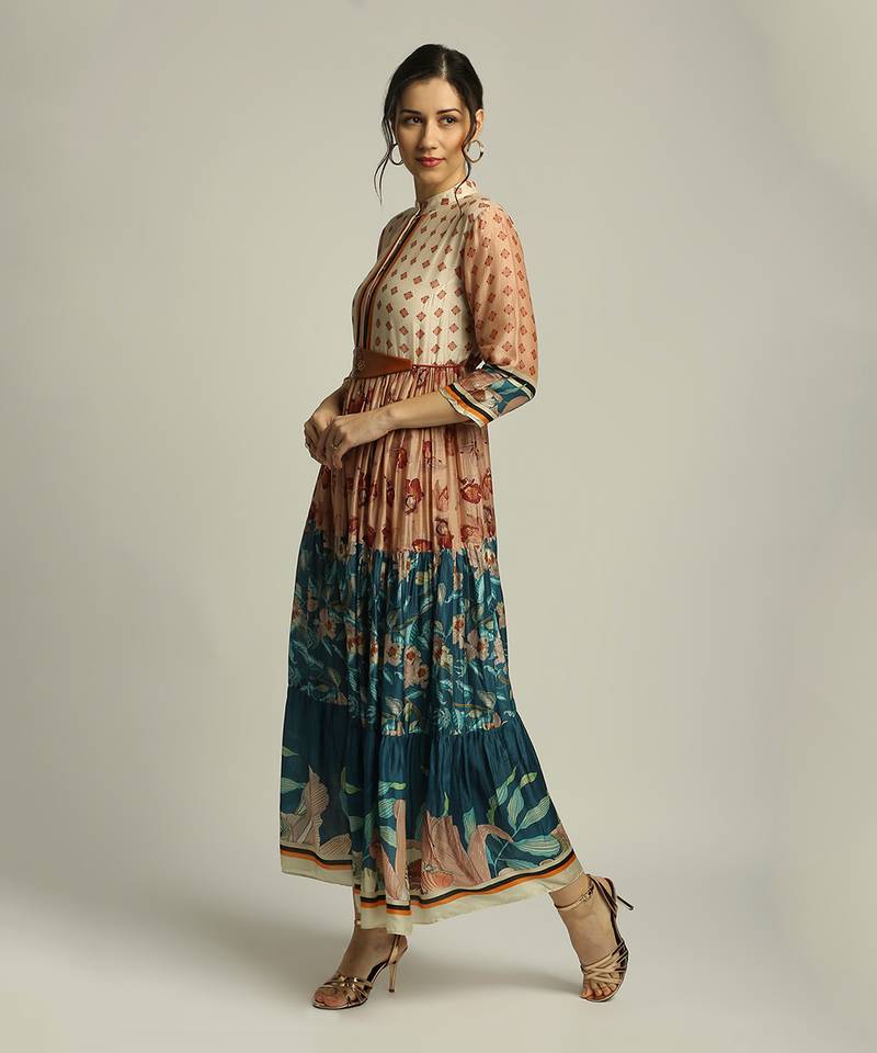 Teal blue Peach Orchid bloom long tiered dress with belt