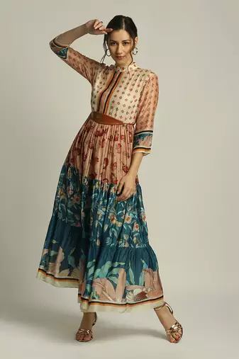 Teal blue Peach Orchid bloom long tiered dress with belt