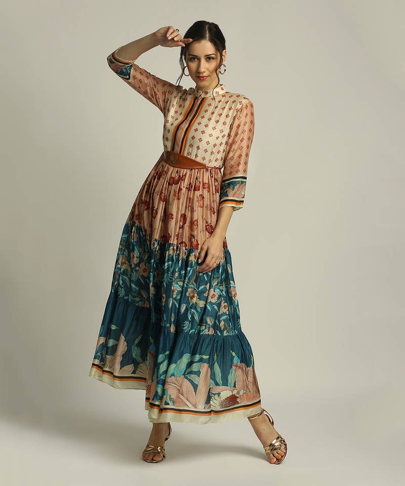 Teal blue Peach Orchid bloom long tiered dress with belt