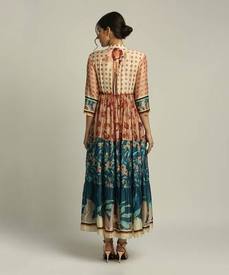Teal blue Peach Orchid bloom long tiered dress with belt 4