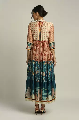 Teal blue Peach Orchid bloom long tiered dress with belt