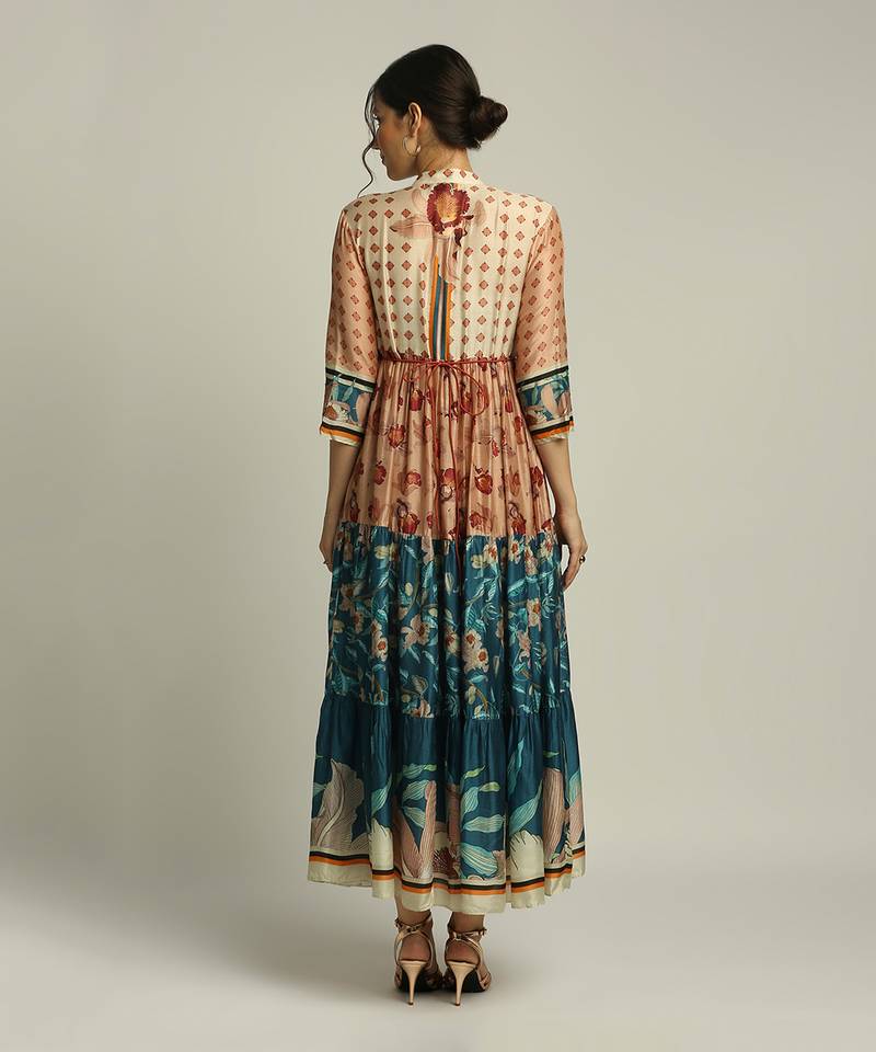 Teal blue Peach Orchid bloom long tiered dress with belt