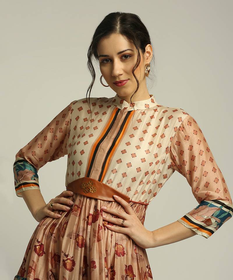 Teal blue Peach Orchid bloom long tiered dress with belt