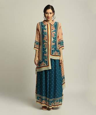 Blue Crepe Printed Floral Straight Asymmetric Tunic And Palazzo Set 1
