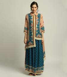 Blue Crepe Printed Floral Straight Asymmetric Tunic And Palazzo Set
