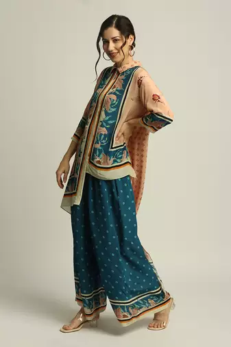 Blue Crepe Printed Floral Straight Asymmetric Tunic And Palazzo Set