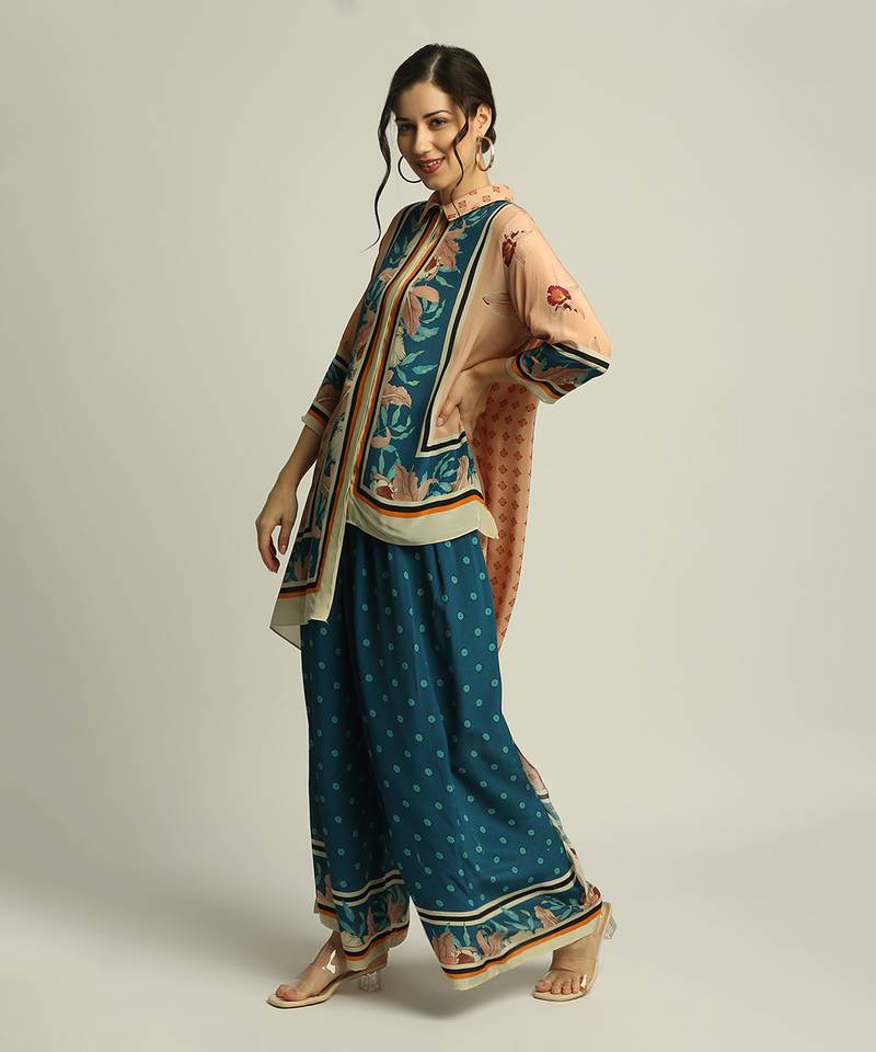 Blue Crepe Printed Floral Straight Asymmetric Tunic And Palazzo Set