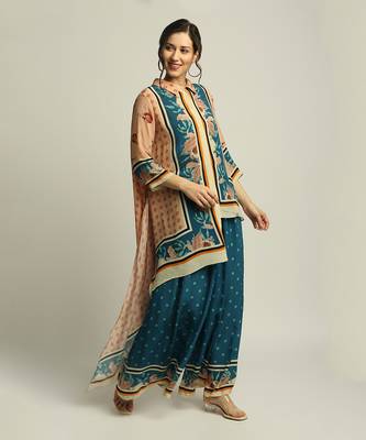 Blue Crepe Printed Floral Straight Asymmetric Tunic And Palazzo Set 3