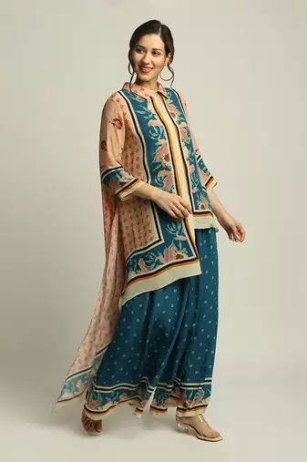 Blue Crepe Printed Floral Straight Asymmetric Tunic And Palazzo Set