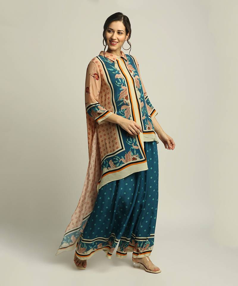 Blue Crepe Printed Floral Straight Asymmetric Tunic And Palazzo Set