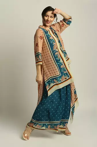 Blue Crepe Printed Floral Straight Asymmetric Tunic And Palazzo Set