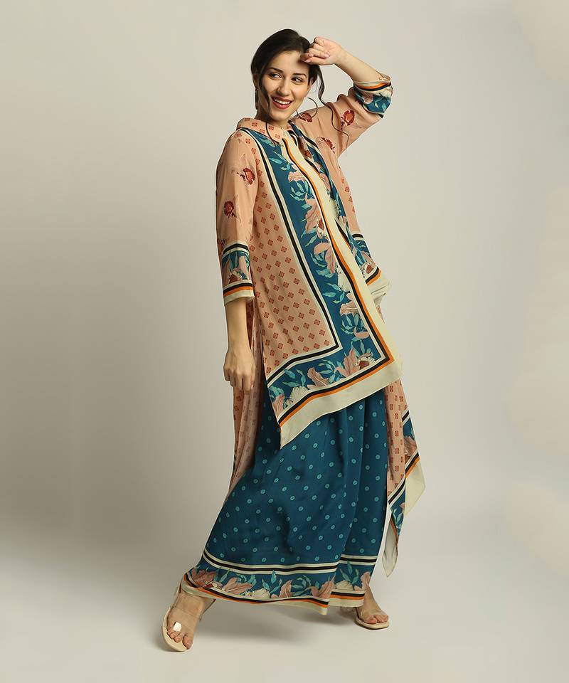 Blue Crepe Printed Floral Straight Asymmetric Tunic And Palazzo Set
