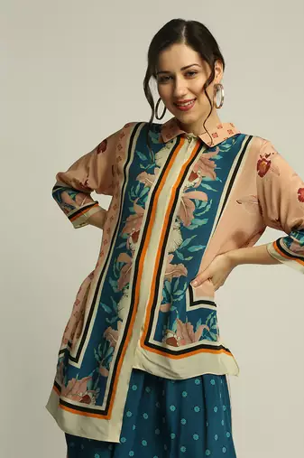 Blue Crepe Printed Floral Straight Asymmetric Tunic And Palazzo Set