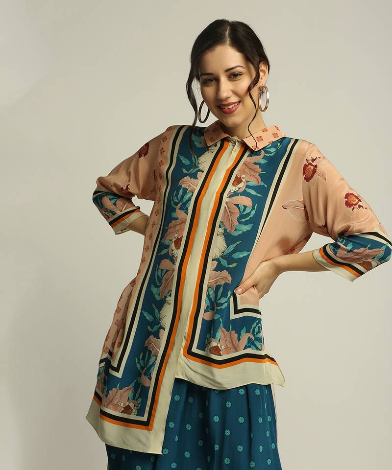 Blue Crepe Printed Floral Straight Asymmetric Tunic And Palazzo Set