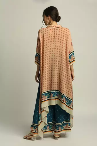 Blue Crepe Printed Floral Straight Asymmetric Tunic And Palazzo Set
