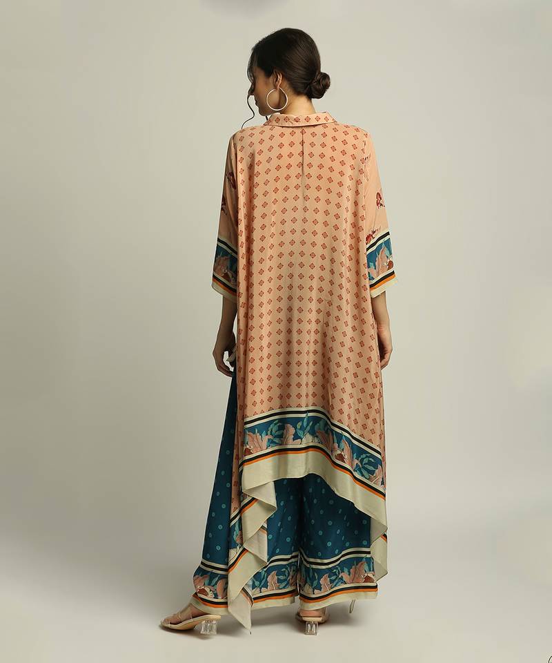 Blue Crepe Printed Floral Straight Asymmetric Tunic And Palazzo Set