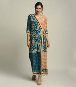 Teal Blue Peach orchid Bloom Printed Paneled Jumpsuit