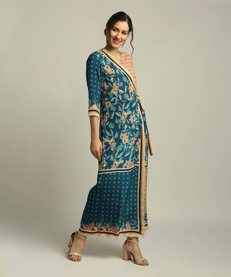 Teal Blue Peach orchid Bloom Printed Paneled Jumpsuit