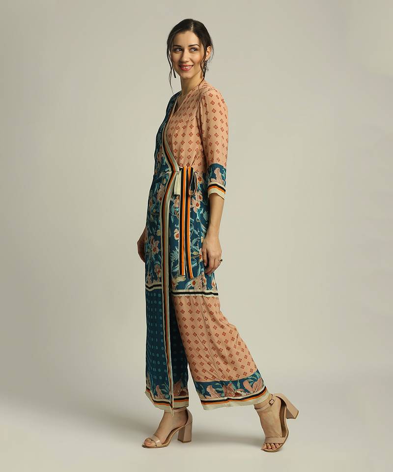 Teal Blue Peach orchid Bloom Printed Paneled Jumpsuit