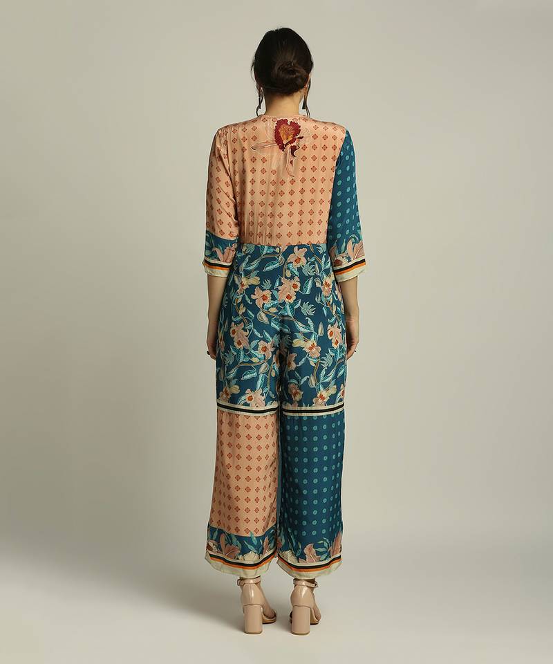 Teal Blue Peach orchid Bloom Printed Paneled Jumpsuit