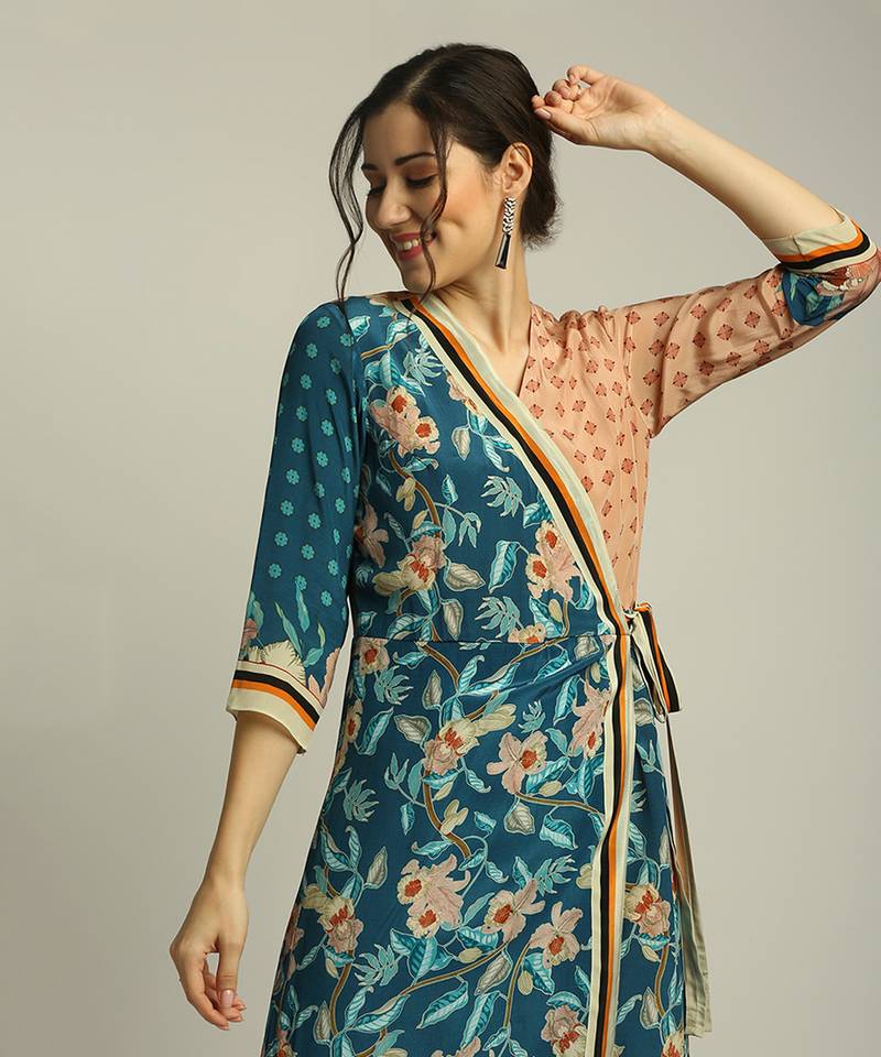 Teal Blue Peach orchid Bloom Printed Paneled Jumpsuit