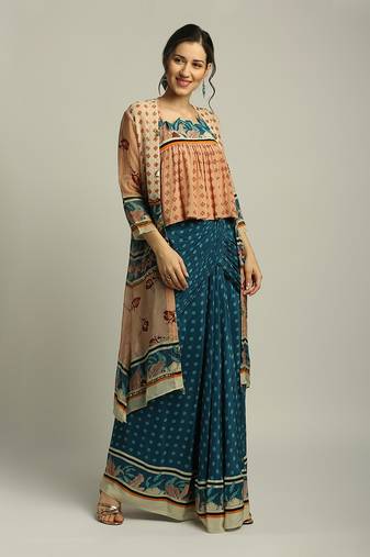 Teal blue Peach Orchid bloom printed skirt set with jacket