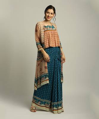 Teal blue Peach Orchid bloom printed skirt set with jacket 1
