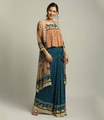 Teal blue Peach Orchid bloom printed skirt set with jacket